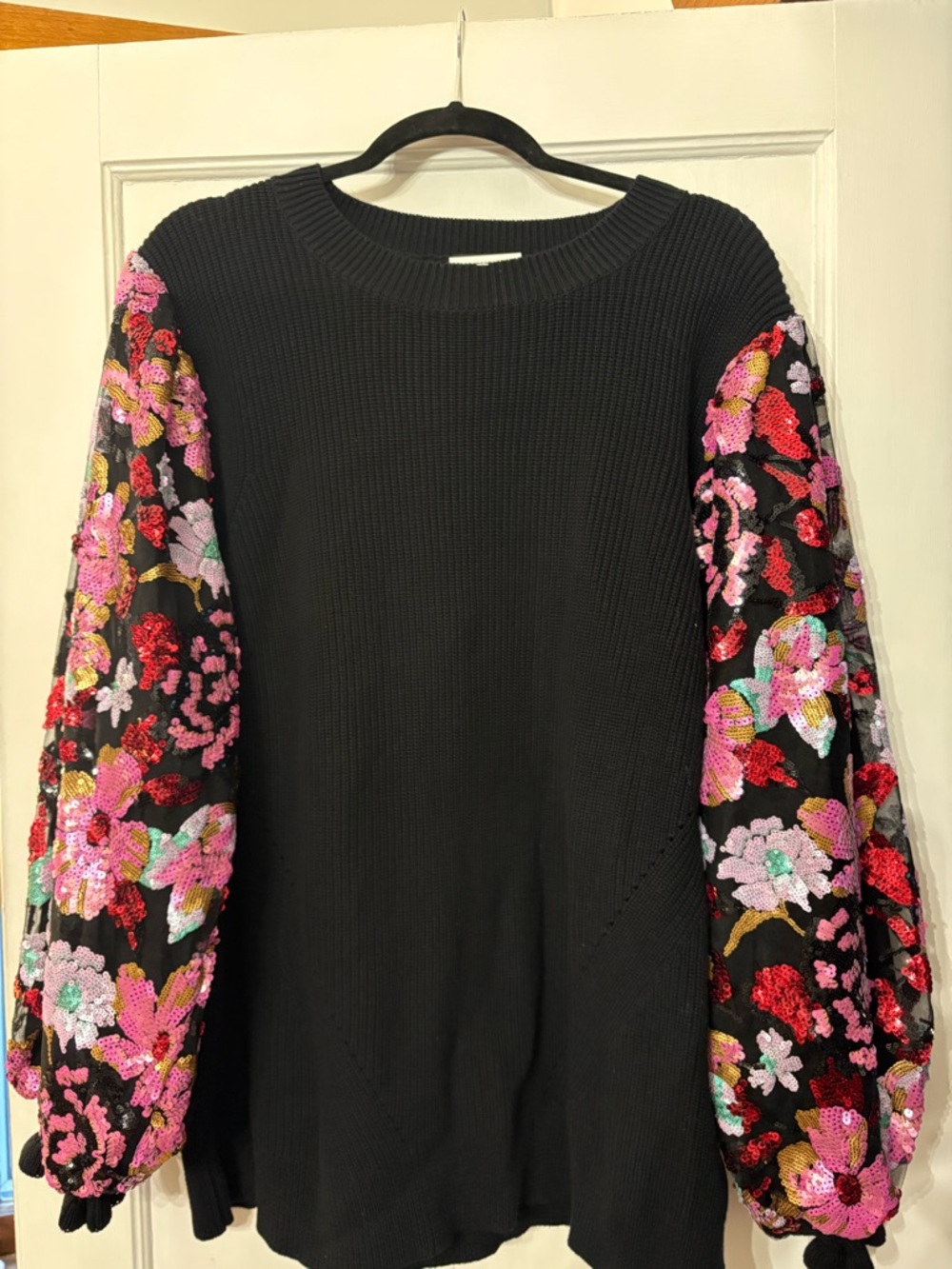 Fate Black Sweater with Multicolor Sequin Floral Puff Sleeves